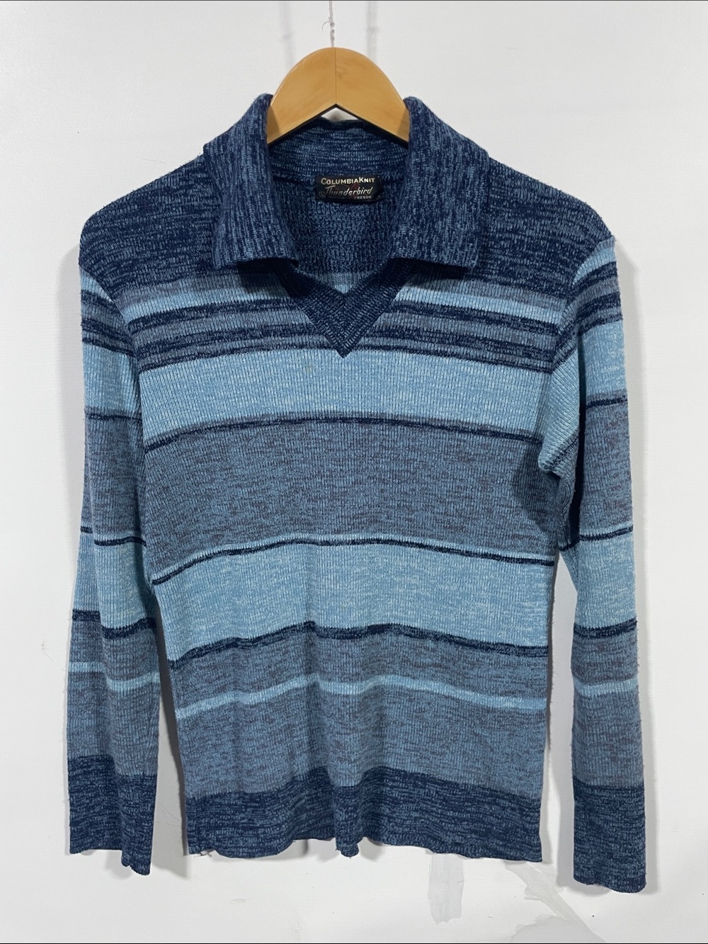 True vintage Columbia Knit Thunderbird Blue Multi-Striped V-Neck Sweater
